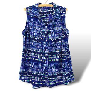 Apt. 9 Blouse Women's Sz 0X Blue Abstract Print Sleeveless Button-Up Top NEW